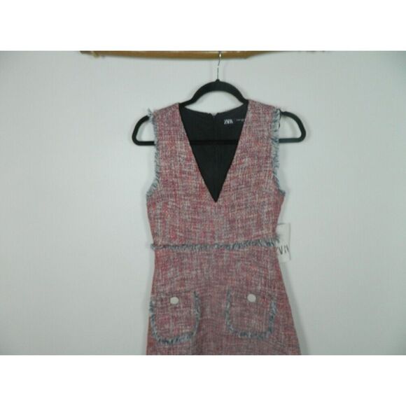 Zara Dress Size X-Small Red Blue Tweed Fringe Pocket Sleeveless Frayed Trim - Picture 4 of 13